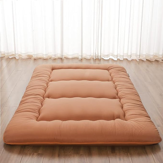 Japanese Floor Mattress, Futon Mattress with Portable Storage Bag and Washable Cover, Roll Up Thick Tatami Mat Suitable for Camping, Guest Room, Light Coffee, Queen
