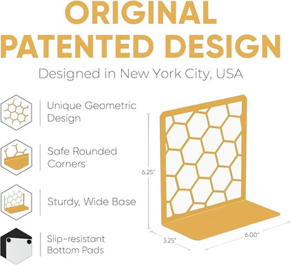 GEOMOD Geometric Honeycomb Gold Metal Bookends Decorative - Tall Sturdy Book Ends for Shelves - Modern Heavy Duty Bookend Stopper - Office or Home Book Shelf Book Holder - 6x3.25x6.25 Inches - 2 Pair