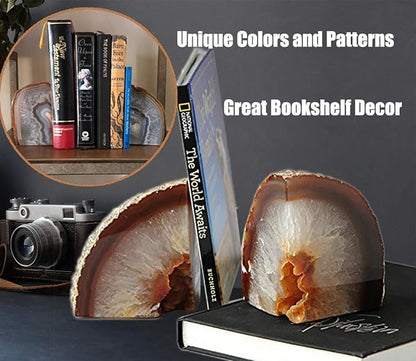 AMOYSTONE Agate Geode Bookends Decorative Crystal Stone Book Ends Heavy Duty Home Office Decor Nature Brown with Rubber Bumpers(1 Pair, 6-8 LBS)