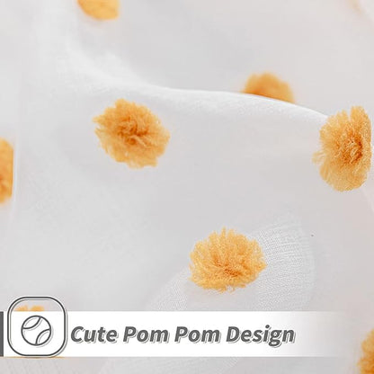 MYSKY HOME Orange Pom Pom Sheer Curtains for Girls Bedroom & Nursery - 72 Inch Long, 2 Panels, Light Filtering, Rod Pocket, Semi Window Drapes - 52 x 72 inch