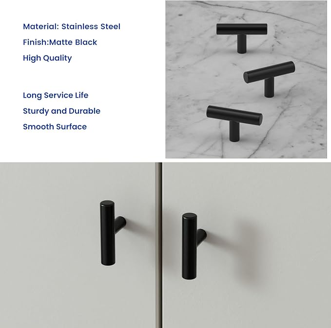 LONTAN 50 Pack Black Knobs for Cabinets and Drawers Kitchen Cabinet Knobs for Dresser Bathroom Modern T Bar Furniture Black Hardware,Stainless Steel