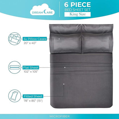 DREAMCARE Sheets Full Size Bed – 6 Pcs Deep Pocket Full Size Sheets Set - Cooling Bed Sheets – Full Sheet Set – Soft & Long Lasting – Extra Soft 100% Brushed Microfiber with Side Pocket – Gray