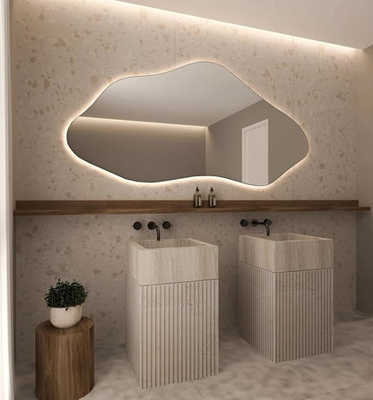 Asymmetrical Bathroom LED Mirror, Modern Irregular Shape Wall Mirror with LED Lights, Frameless Aesthetic Backlit LED Illimunated Vanity Mirror (43" x 21" inc)