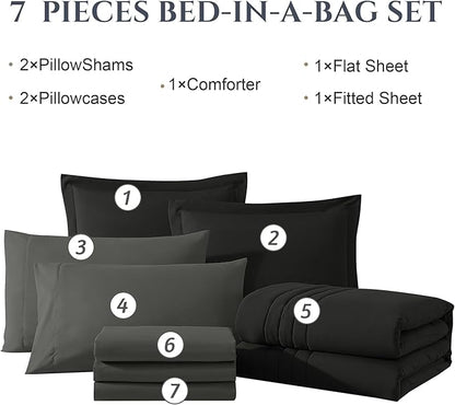 Monbix Full Comforter Set - 7 Pieces Black Bed in a Bag Full Size Bedding Sets with Comforters, All Seasons Down Alternative Comforter with Sheets,Pillowcases & Shams