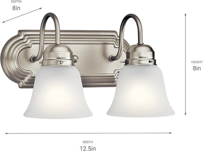 Kichler 12.25" 2-Light Vanity Bath Light in Brushed Nickel, Modern Bathroom Light with Clear Satin Etched Glass, (12.25" W x 8" H), 5336NIS