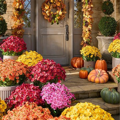 Artificial Mums for Outdoors, Faux Sunset Mum Flowers Planters for Indoor Outside Decor, Fake Look Real, Vibrant, UV Resistant, Waterproof, Windproof (Orange, 5 Bundle)