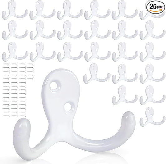 25 Pack Coat Hooks Wall Hooks for Hanging, Heavy Duty Double Prong Metal Hook Wall Mounted for Living Room, Bathroom, Kitchen, Bedroom for Coat, Bag, Scarf, Towel, Hat, Key, Cup (White)