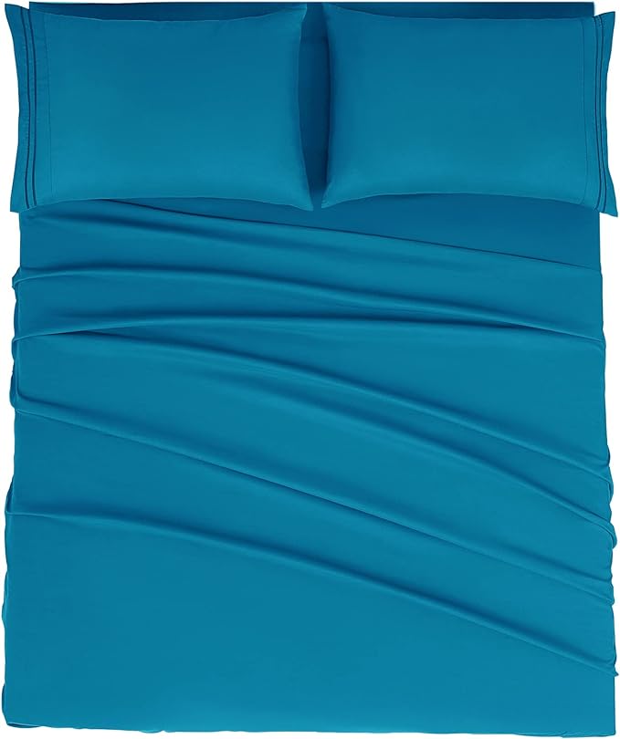 Mejoroom King Size Bed Sheet Set - Hotel Luxury 1800 Bedding Sheets & Pillowcases - 16" Deep Pocket Fitted Sheet, Soft, Breathable, Wrinkle & Fade Resistant - 4 Piece(King,Peacock Blue)