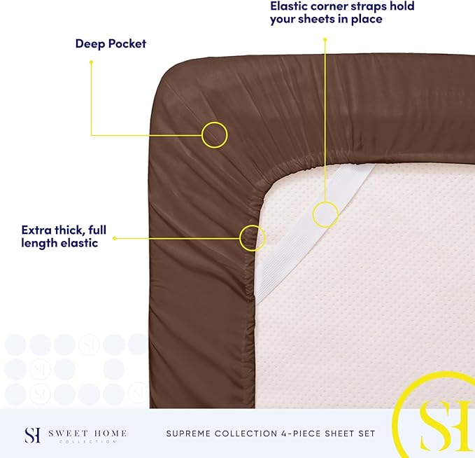 King Size Sheets - Breathable Luxury Bed Sheets with Full Elastic & Secure Corner Straps Built In - 1800 Supreme Collection Extra Soft Deep Pocket Bedding Set, Sheet Set, King, Brown