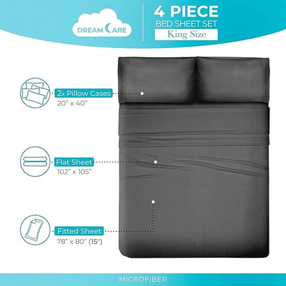DREAMCARE Queen Size Sheets - Cooling Bed Sheets - 4pcs Set - up to 15" Deep Pocket Queen Sheet Set - Sheets Queen Size Bed - Soft & Long Lasting 100% Fine Brushed Polyester with Side Pocket - DGray