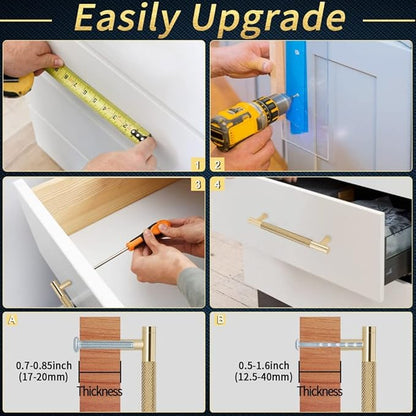 Knurled Cabinet Pulls 6 Pack, 5 Inch Long Cabinet Handles Metal Door Pulls, Kitchen Drawer Pull Knurled Dresser Handles - 3 3/4" Hole to Hole, Golden