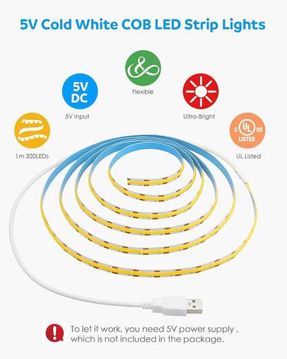 Aclorol USB Led Light Strip COB Led Strip Lights 5V Daylight Cold White 6000K 3.28FT 320Leds Flexible TV Led Lights USB Powered 1M for Under Cabinet Kitchen Living Room Shelving or Displays