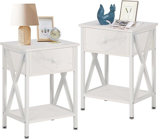 VECELO Nightstands Set of 2, Modern Bedside End Tables, Night Stands with Drawer and Storage Shelf for Living Room Bedroom, Industrial Metal Frame