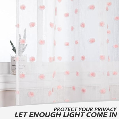MYSKY HOME 95 Inch Pom Pom Sheer Curtains for Living Room and Bedroom - Baby Pink, White, Blush - Rod Pocket Window Backdrops for Large Sliding Door (38 x 95 in, Set of 2)