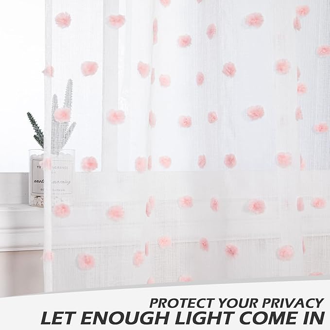 MYSKY HOME 95 Inch Length Pink Pom Pom Sheer Curtains for Bedroom & Living Room - Large Sliding Door Curtains - Light Filtering - Rod Pocket - 52 x 95 in - 2 Panels