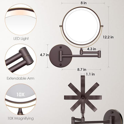 Rocollos Rechargeable Wall Mounted Lighted Makeup Mirror, 8 Inch Double-Sided LED Vanity Mirror 1X/10X Magnification,3 Color Lights Touch Screen Dimmable 360°Swivel 13 Inch Extendable