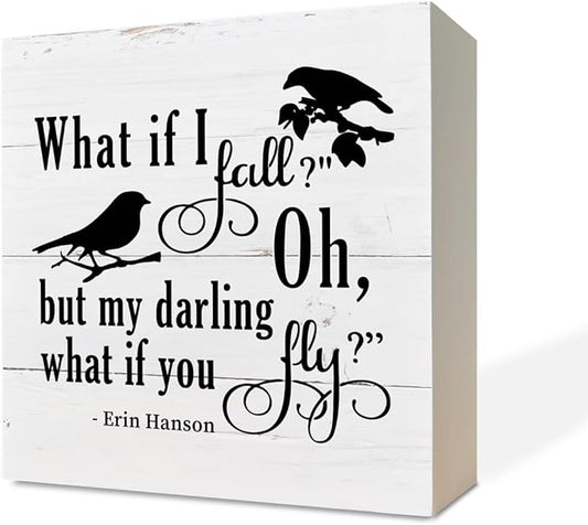 Inspirational Wood Signs, Wooden Box Sign Desk Decor, Table Art Signs, Nursery Decor, Kids Bedroom Decor, Rustic Farmhouse Decor for Shelf, What If I Fall Oh But Darling What If You Fly