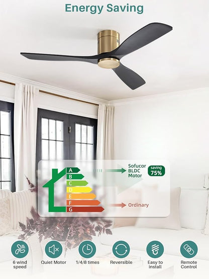 Sofucor 52 Inch Smart Ceiling Fan Without Lights Flush Mount Solid Wood Ceiling Fan with Alexa/Google Assistant/APP/Remote Control-Modern Outdoor Ceiling Fans No Light for Bedroom/Patio, Black Gold