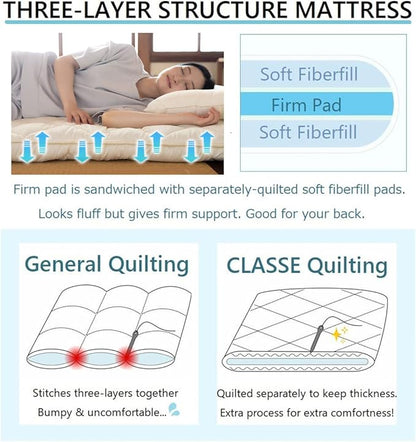 EMOOR Japanese Futon Mattress CLASSE King Made in Japan White, Foldable Floor Sleeping Bed Tatami Mat