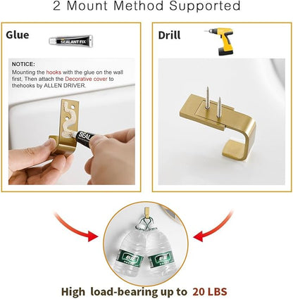 BESy Brass Clothes Hook Single Towel Hook for Bathroom Kitchen Garage Square Style Robe Hooks Coat and Hat Hook, Self Adhesive with Glue or Wall Mounted with Screws, Four Packs, Brushed Gold