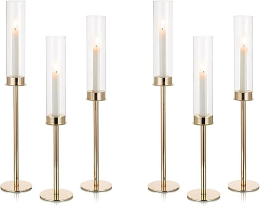 NUPTIO Hurricane Glass Candle Holders: Set of 6 Tall Gold Metal Candlestick Holder with Chimney Tube Brass Tiered Taper Candles Stands for Christmas Holiday Party Decoration 23.6 & 21.7 & 19.7 in