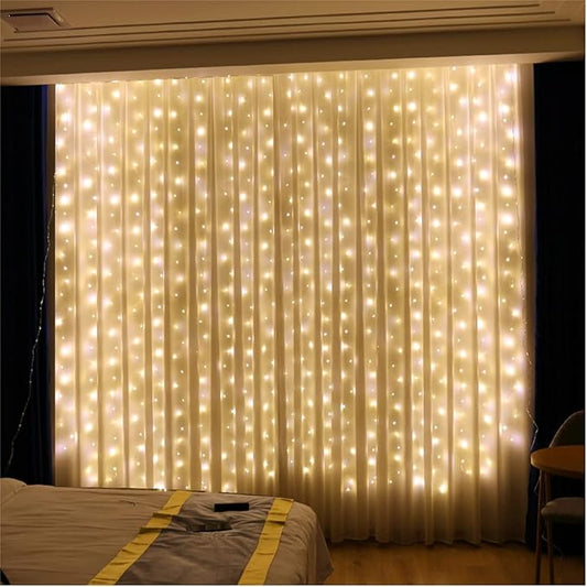 ZSJWL 6.5×9.8ft Curtain String Lights, USB Plug Fairy Lights Remote Dimmable Control, 8 Flashing Modes Waterproof Lights for Window Christmas Bedroom Party Wedding Garden Wall(Warm White)