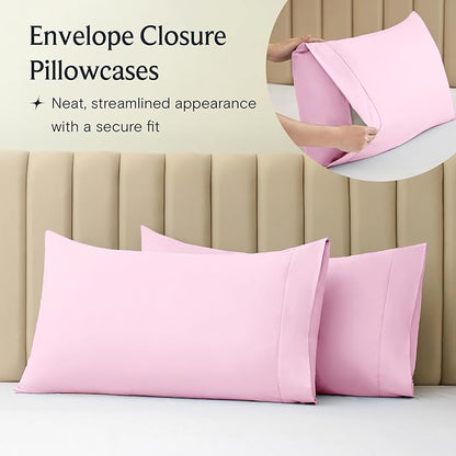 LuxClub 5 PC Sheet Set Bed Sheets Deep Pockets 16" Eco Friendly Wrinkle Free Cooling Machine Washable Hotel Bedding Silky Soft - Powder Pink Split King