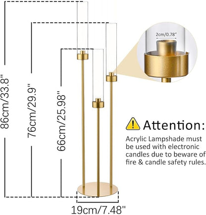 Vincidern 10pcs Gold 3 Arm Candelabra Taper Candle Holder for Table Centerpieces, 34in Tall Metal Candlestick Holder with Acrylic Lampshade for Wedding,Party,Holiday Christmas, Halloween Candelabra