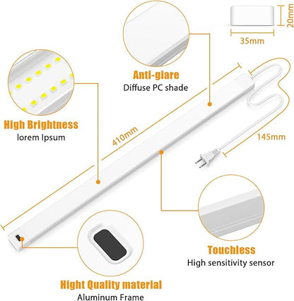 2pcs Hand Wave Under Cabinet Lights, 16" Under Counter Lighting with Dimmable and 4000K Natural White,Plug and Play,LED Lights for Kitchen Cabinet, Cupboard, Closet, Desk