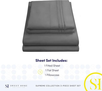 Twin XL Sheets - Breathable Luxury Sheets with Full Elastic & Secure Corner Straps Built In - 1800 Supreme Collection Extra Soft Deep Pocket Bedding Set, Sheet Set, Twin XL, Gray