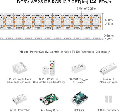 BTF-LIGHTING WS2812B RGB ECO LED Strip, Chasing Effects 5050SMD Individually Addressable 3.3FT 144(2X72) Pixels/m Flexible Dream Color IP30 for Bedroom DIY Projects DC5V (No Adapter or Controller)
