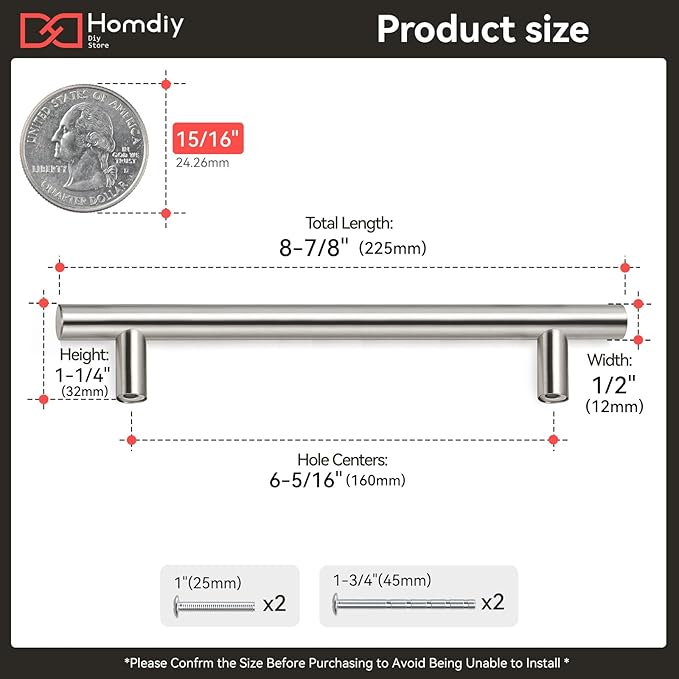homdiy (100 Pack) Drawer Pulls Brushed Nickel Cabinet Pulls HD201SN Cabinet Hardware Euro Style Drawer Handles 6-1/4in Hole Centers Kitchen Cabinet Handles Cupboard Handles