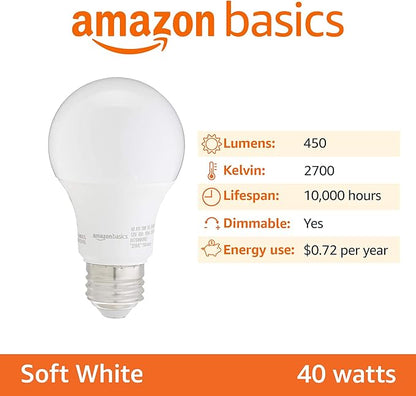 Amazon Basics LED Light Bulbs, Energy Efficient 6W, 40 Watt Equivalent, E26 Standard Base, 2700, Dimmable, 10,000 Hour, Soft White, 6 Count