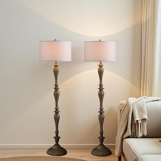 Design Floor Lamp Reading Light with Linen Shade, 61.5" Resin Farmhouse Floor Lamp, Vintage Standing Lamp for Living Room Bedroom Office (Brown 2 Packs)