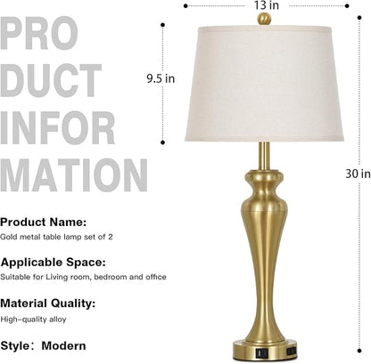 30" Gold Tall Table Lamps for Living Room, Touch Control Bedroom Lamp with USB A+C Ports and AC Outlet, 3-Way Dimmable Bedside Table Lamps Set of 2, Modern Metal Lamp for Nightstand