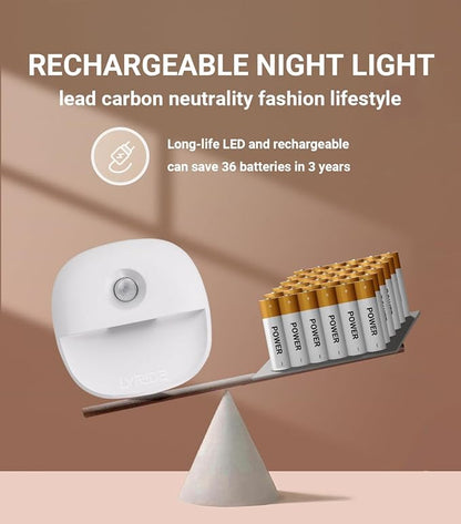 Lyridz Rechargeable Night Light, Motion Sensor Battery Nightlights, Mini Stick-on LED Closet Light, 1-20LM Dimmable Brightness for Bedroom, Kitchen, Washroom, Stairs, Hallway, 3-Pack