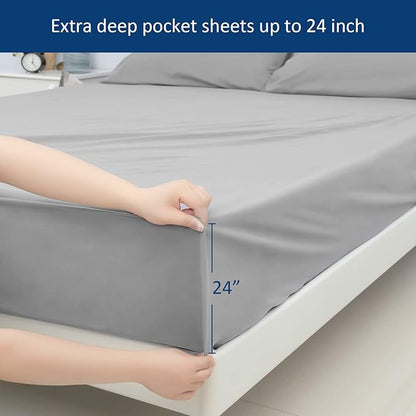 Extra Deep Pocket Full Sheet Set for Air Mattress - Deep Pocket Sheets Full Bed Sheets Set - Sheets with Pockets on Side - Easily Fits Extra Deep 16 in to 24 in Pillow Top Air Mattress (Grey)