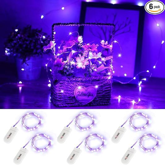 YKB 6 Pack Purple Fairy String Lights Battery Operated Fairy Lights Starry String Lights on 3.3ft/1m Silvery Copper Wire DIY Christmas Decoration Costume Wedding Party Halloween Easter