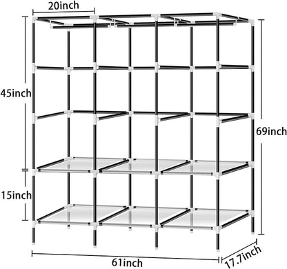 LOKEME Portable Wardrobe, 61-Inch with 3 Hanging Rods and 6 Storage Shelves, Non-Woven Fabric, Stable and Easy Assembly Black Portable Closets for Hanging Clothes with Side Pockets