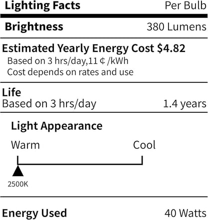 4-Pack E12 Candle Light Bulbs 40W Warm White 2500K, 380 Lumen Dimmable Chandelier Light Bulbs for Ceiling Fan, Pendants or Outdoor, CA10 Clear Candelabra Base Bulbs