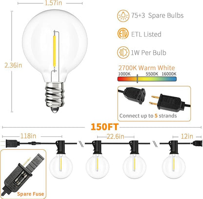 Svater Outdoor String Lights 150 FT, Patio Light with 78 Shatterproof LED Bulbs, Outside Plastic Hanging G40 Globe Lights for Cafe Market Bistro Backyard, Dimmable Warm White 2700K