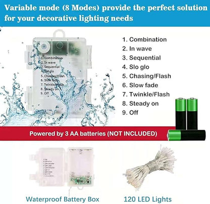 String Lights, 42ft Battery Operated String Lights, 120 Led IP65 Waterproof Outdoor Fairy Light with Timer 8 Modes for Bedroom,Garden,Party,Xmas Tree Indoor Outdoor Decorations, Cool White