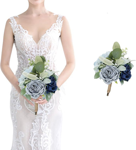 Wedding Artificial Bridesmaid Bouquet - 7 Inch Pre-Made Silk Bridesmaids Flowers Bouquet Small Bridal Bouquet for Bridesmaid for Rustic Vintage Wedding Ceremony Anniversary -Navy Blue