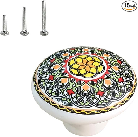 HUAMULAN 15 Pack Boheimian Retro Ceramic Knobs Vintage Dresser Button Shape Mushroom Boho Kitchen Petal Cabinet Pulls Cupboard Wardrobe Drawer Door Handles Glossy
