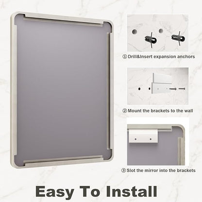 24x36 Inch Brushed Nickel Bathroom Mirror, Brushed Silver Metal Framed Wall Mirror, Rounded Corner Rectangle Vanity Mirror, Tempered Glass, Anti-Rust, Shatterproof (Horizontal/Vertical)