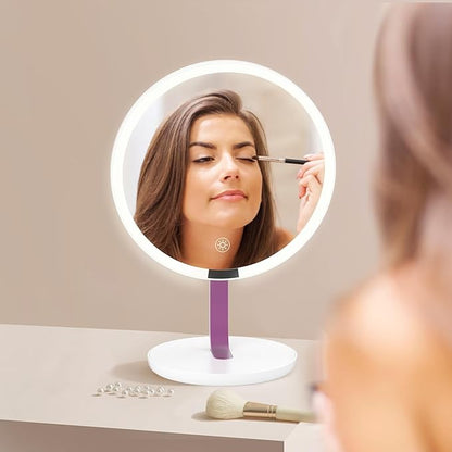 9.65-inch Lighting Makeup Mirror, 1x / 10x, Touch Control, 3-Color Adjustable, Metal Stand, up and Down Adjustable Makeup Mirror,High Color Rendering, Eye-Protecting Light Source,Pink