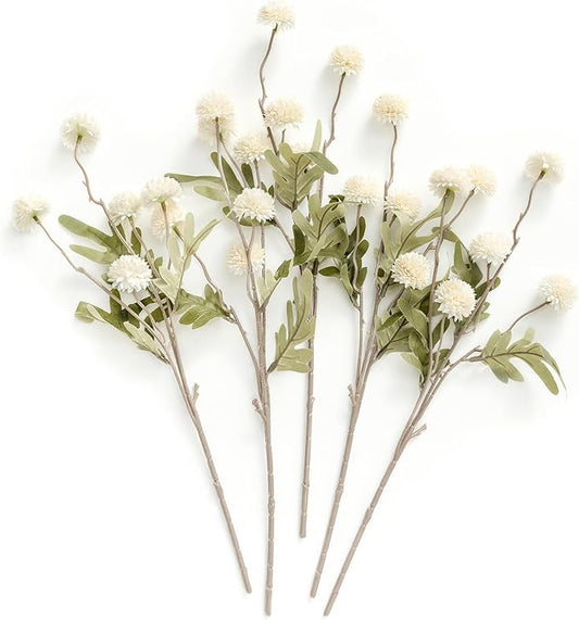 Ling's Moment Pompon Mum Artificial Flower, 5pcs Faux Silk Mini Chrysanth with Stems, Bulk Fake Wedding Filler Flowers for DIY Bouquet Centerpieces Arrangements Shower Decorations, White