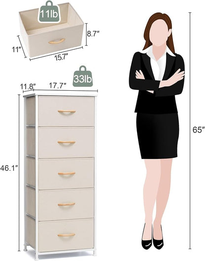 Crestlive Products Vertical Dresser Storage Tower - Sturdy Steel Frame, Wood Top, Easy Pull Fabric Bins - Organizer Unit for Bedroom, Hallway, Entryway, Closets - 5 Drawers(Beige)