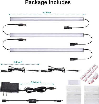 3 Pcs 12 Inch LED Under Cabinet Lighting, Black Shell Under Counter Lighting 6000K Cool White, Dimmable Closet Light, Plug and Play, LED Light Bars for Kitchen Cabinet, Cupboard, Closet, Desk