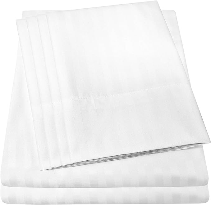 Dobby Stripe Queen Sheets - 6 Piece 1500 Supreme Collection Fine Brushed Microfiber Deep Pocket Queen Sheet Set Bedding - 2 Extra Pillow Cases, Great Value, Queen, Dobby White